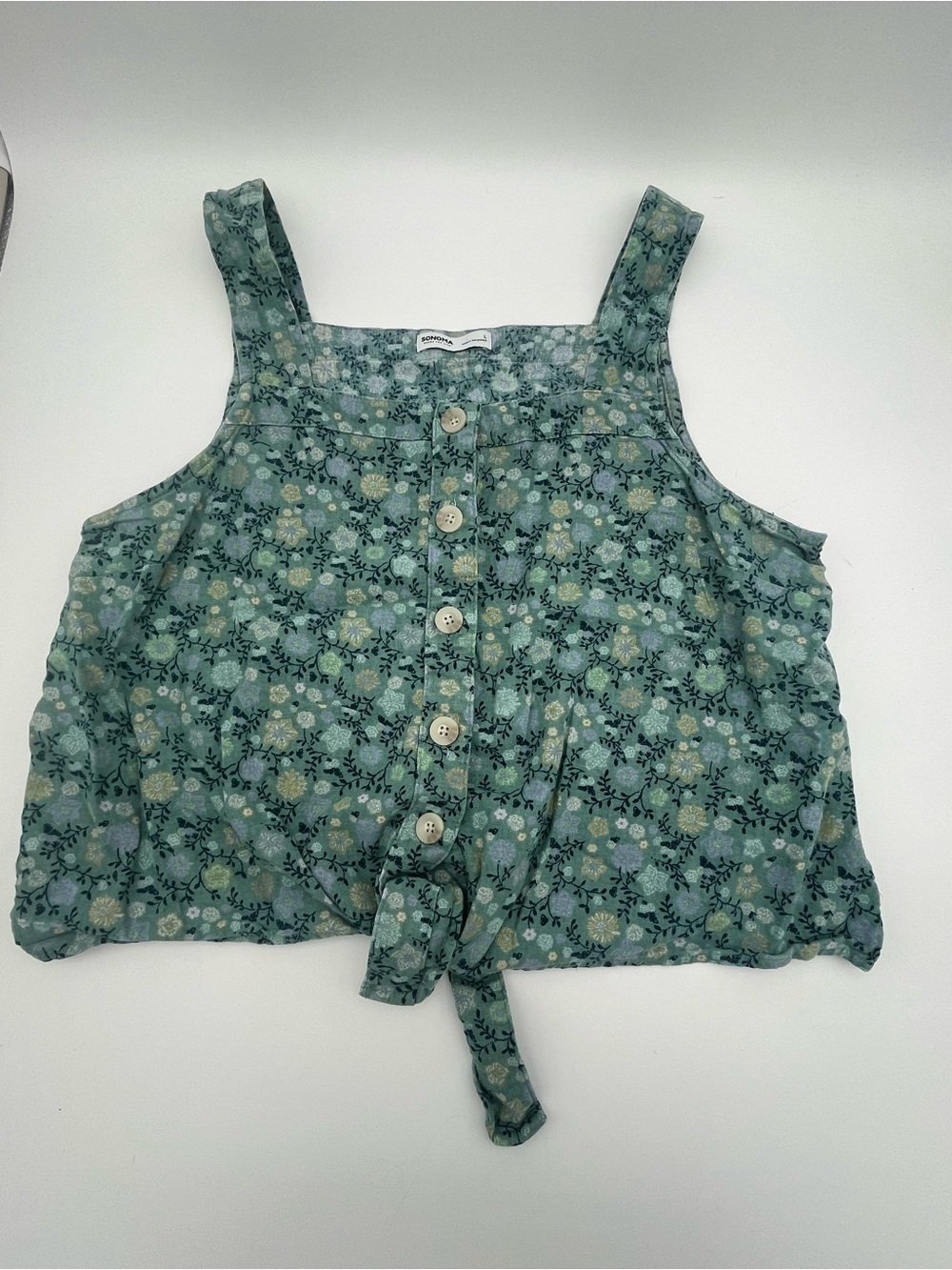 Linen Green Floral Tie-Front Tank Top square neckline summer cottage core L